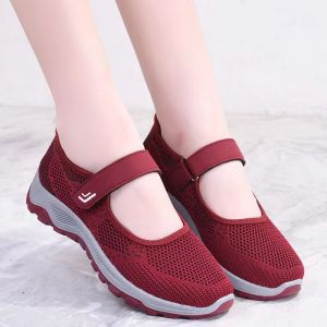 Women Fashion Flat Shoes Breathable Mesh Slip On Shoes Velcro Strap Shoes Black Rubber Walking Shoes for Women