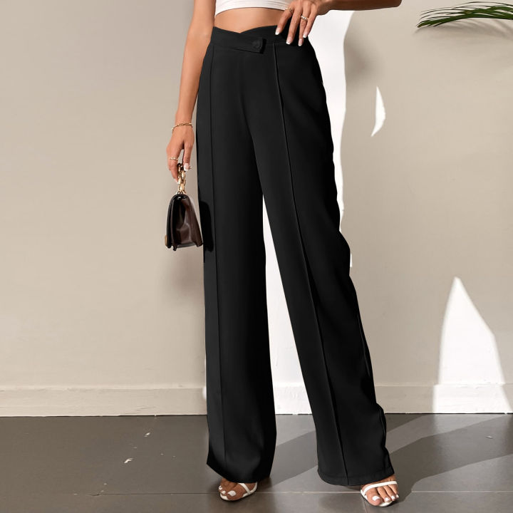 Women Black Full Length Wide Leg Pants Spring Female Straight Casual  Trousers Office Lady