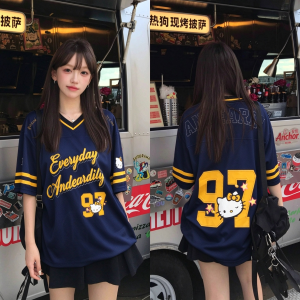 Korean Y2k V-Neck T-Shirt Hello Cute Cat Print Extra Large Loose Football T-Shirt MenS And WomenS Sports Street Wear