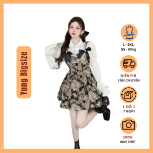 Set đầm nữ Bigsize tiểu thư tay phồng dáng xòe họa tiết mèo 55-90kg