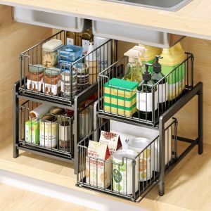 WAPKTY 2-Layer Kitchen Storage Rack Large Capacity Carbon Steel Pull Out Cabinet Organizer Rustproof Slide Out Drawer Shelf Under Sink