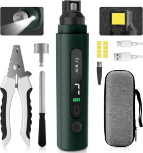 Dog Nail Grinder Safe ElectricNail Trimmer for Dog Grooming 7-Speed Adjustable Quiet Low Vibration LED Light & Sponge Dust Collector Painless Trimming Storage Bag (Black & Green)