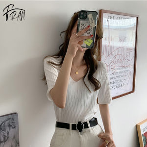 FRAN V-neck Top Women Summer Thin Vertical Pattern Simple Loose Knitted Ice Silk Short-sleeved T-shirt COD