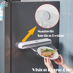 Vision Magnetic Suction Cling Film Cutter Food Wrap Cutter Cling Kitchen Plastic Foil Film Wrap Storage Dispenser Cutter Durable Non-toxic Storage Organizer Cookware Tool
