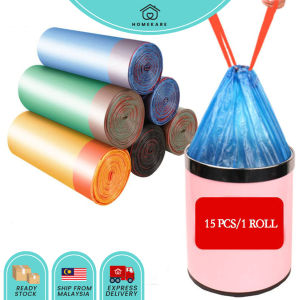 HOMEKARE [NEW MATERIAL] 15Pcs/Roll High Quality Trash Garbage Bag With Rope Storage Kitchen Garbage Box Household Disposable PE Drawstring Handles
