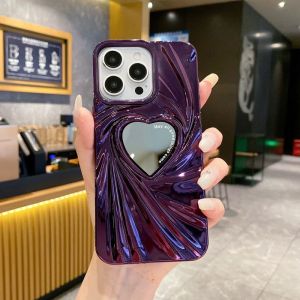 Luxury Soft Shining Chrome 3D Love Mirror iPhone 16 15 14 13 12 11 Pro Max Plus XR X XS Electroplated Heart Krom Softcase Soft Case Mewah Lensa Camera Protector Cover Silikon Silicone Pelindung Kamera