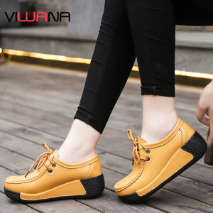 VIWANAรองเท้าส้นสูงสําหรับสตรียกพื้นหนังแท้รองเท้าผ้าใบด้านล่างหนารองเท้าสวมส้นเตี้ยรองเท้าผู้หญิงเกาหลีสไตล์รองเท้าลําลอง