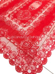 Taplak Meja Makan 6 Kursi Varian Merah Natal Imlek Corak Bunga Mawar Bahan Kain Polyester