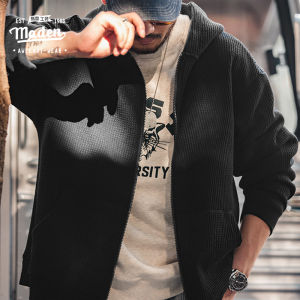 Maden brand tooling style campus academic student sunshine juvenile Japanese retro gray waffle hooded sweater lazy knitted cardigan men simple sports jacket