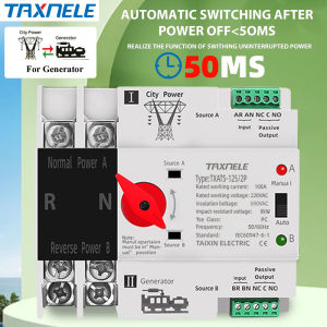TAXNELE Single Phase Din Rail PV ATS 2P 63A 100A 125A Dual Power Automatic Transfer 220V Electrical Selector Switches Uninterrupted