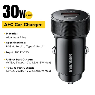 Essager 30W Pengisi Daya Mobil USB dan Type-C untuk Ponsel dengan Adaptor Pengisian Cepat