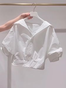 Lapel Bubble Sleeve Shirt Women Loose Fit Cropped Top
