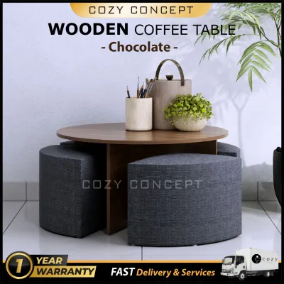 (2 Warna) Set Meja Kopi Bulat Ruang Tamu + 4 kerusi / Round Wooden Coffee Table with chairs / Waterproof Coffee Table