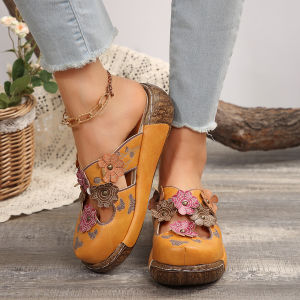 Cross-Border 2024 Summer New Style Closed Toe Sandals Ethnic Style Platform Flower Handmade Platform R Womens Sandals ㏇L0529