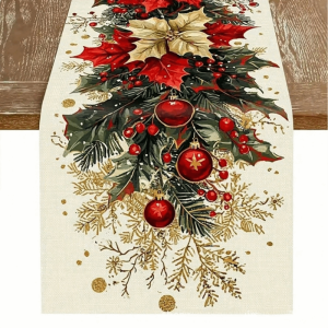HUYAN Reindeer Christmas Table Runner Santa Snowman Tabletop Decoration Christmas Tablecloth Decorative Flower Poinsettia Table Runner Christmas
