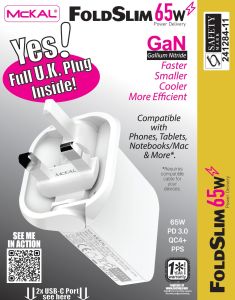 McKAL 65W Gan Charger 2xUSB C (Slimmest U.K. Pin) (Safety Mark Singapore Stock)