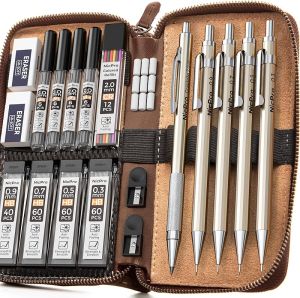 Nicpro 20PCS Metal Mechanical Pencil Set in Leather Case 0.3 & 0.5 & 0.7 & 0.9 mm & 2mm Lead Pencil Holders (4B 2B HB 2H) Lead Refills (Black & Colors) Erasers For Art Drafting Sketching Drawing