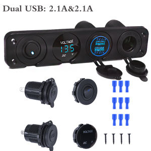 4 Gang Switch Panel for Car Marine Boat With Digital Voltmeter Dual USB Port 12V Outlet Waterproof LED Light Rocker Switch Panel