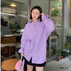 Kemeja Kerah Polo Warna Solid Sederhana Kemeja Kasual Loose Lengan Panjang Terbaru Atasan Wanita Kekinian Korean Style