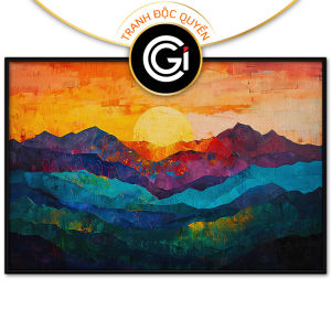 Tranh núi non hùng vĩ mặt trời mọc trên núi phong cảnh bình minh.Tranh treo tường dán tường phong thủy.CGI-991