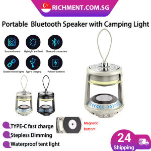 【✅SG Brand🔥】RICHMENT Luxury Mini Portable TWS 3D Stereo Interconnection Bluetooth Speaker IPX6 Waterproof Sports Noise Cancelling Desk Night Light LED Camping Light with Strong magnetic attraction for Outdoor/Indoor Travel Surprise Gift for Music Lovers
