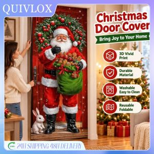 Christmas Door Curtain Santa Claus Tree Print Polyester Xmas Party Photo Prop Easy Hang Washable Tapestry