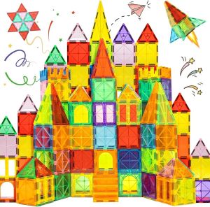 EchoPlan Magnetic Tiles 130PCS Magnetic Blocks with 2 Cars Magnet Tiles 3D Clear Building Blocks Set STEM Sensory Educational Toys Gift for Toddlers Kids Boys 3 4 5 6 7 8 9+ Year Old