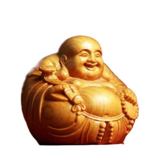 BANDA Woodcarving Laughing Buddha Maitreya Sculpture Wooden Miniature Handmade Statue Buddhist supplies Mini Buddha Statue Craft Gift