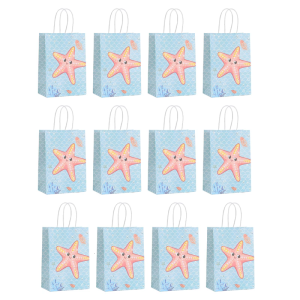 12pcs Ocean Themed Paper Gift Packaging Bags with Portable Handle Elegant Candy Cookie Bag Birthday Party Decoration