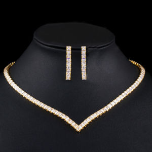 SEQUITO Luxury Yellow Gold Color Engagement Wedding Jewelry Set Paved AAA Cubic Zirconia Choker Necklace Earrings for Women SJ195