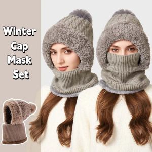 ARTMU Solid Color Winter Cap  Set Plush Windproof 2in1 Scarf Hat Fashion Ear Protection Balaclavas Hat Female Male