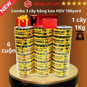 Combo 3 cây băng keo hàng dễ vỡ kèm dao cắt băng keo(1 cây 100yard nặng 1kg rộng 4.7cm lõi giấy 5mm mỗi cây 6 cuộn)