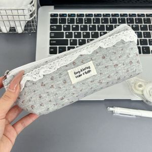 YESMILE Floral Pattern Pencil Case Large Capacity Grey Pen Bag Cottagecore Lace Trim Stationery Bag Gift
