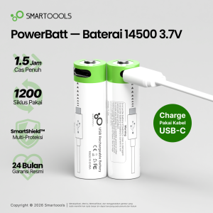 Baterai Cas Isi Ulang 2pcs Smartoools Powerbatt 14500 3.7V Type-C USB Rechargeable Lithium Battery Charge