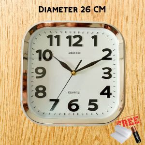 Jam Dinding Kamar Kotak Segi Persegi Mewah Angka Timbul Chrome Silver Emas Diameter 26cm Dekko Kotak