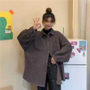Korduroi Kemeja Wanita Lengan Panjang Retro Jaket Longgar Versi Korea Kasual Polo Kerah Top