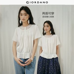Giordano Women Lace inset round neck short sleeve blouse Free Shipping 18346618