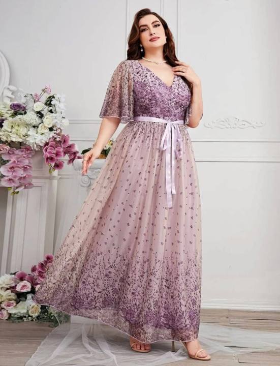 Elegant Plus Floral Print Butterfly Sleeve Dress Maxi Length Empire Dress  Light Blue Polyester Dress Scoop Neck Short Sleeve Dress Regular Fit Flared  Hem Dress - Lazada | Lazada PH