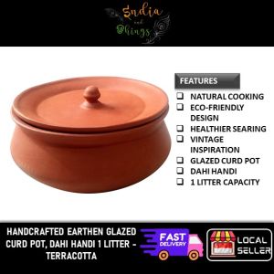 Handmade Earthen Clay Curd Pot Dahi Handi 1L Terracotta Yogurt Storage Bowl Natural Clay Cookware