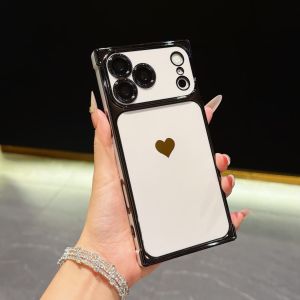 Ốp điện thoại cho iPhone hình trái tim tình yêu mạ điện sang trọng 18 Pro Max 17 Air 16 Plus 15 14 vỏ nhựa TPU mềm chống sốc bảo vệ camera gọng vàng vuông cho nữ Phụ nữ