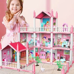 MECOME Plastic Doll Houses Variety Size Pink Mini Dollhouse Model Creative DIY Accessories Princess Villa Girl Gift
