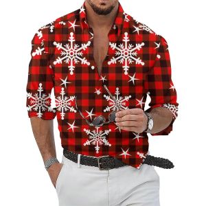 Mens Shirt Plaid Snowflake Christmas 3D Printing Shirt Christmas Street Long Sleeve Button Clothing Fashion Design Casual Soft