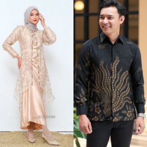 Couple Dress Nia Rompi Gamis Set 2 in 1 Gamis Pasangan Kemeja Batik Dress Serut Velvet Kombinasi Outer Cardigan Brokat Payet Mutiara Size Standar Jumbo