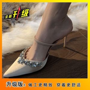[Free Shipping] Summer New Collection: Satin Pointed-Toe Sandals With Rhinestone Embellishments Convertible For Both Indoor And Outdoor Wear Suitable For Parties In Beige With A Thin Heel