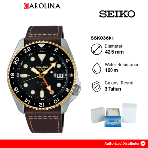 Jam Tangan Pria Seiko 5 Sports GMT SSK036K1 SKX series Gold Black Bezel Black Dial Brown Leather Band