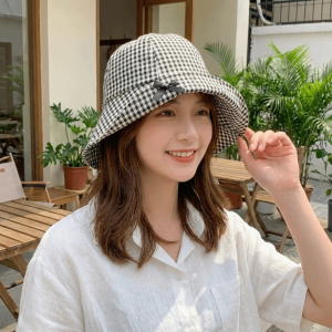 Fashion Black Bowknot Plaid Bucket Hat Casual Versatile Wide Brim Sun Hat Gingham Check Dome Basin Fisherman Hat Beach