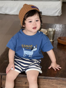 Boys summer clothing lightweight style 2026 Childrens Summer Clothes Korean Style Baby Cartoon Clothing T Striped shirt and shorts set