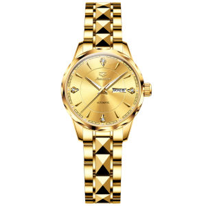 JSDUN 8975 Mechanical Women Fashion Watch Gift Round-dial Stainless Steel Watchband Wristwatch Week Display Calendar