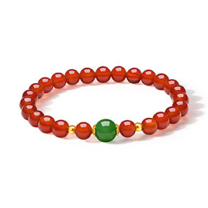 ZHOU LIU FU 24K Solid Gold Bracelets Blessing Stretch Bracelet Red Agate Beaded Bracelet with Green Jade Beads Lucky Pure Gold Jewelry for Women Mom Daughter Birthday 17CM J1913656/J1913657