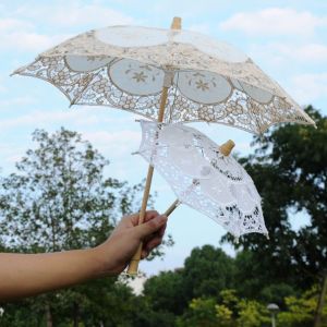 SKINJOY Wooden Handle Wedding Lace Umbrella Embroidery Floral Hollowed Prop Umbrella Photography Prop Cotton Parasol Umbrella Women